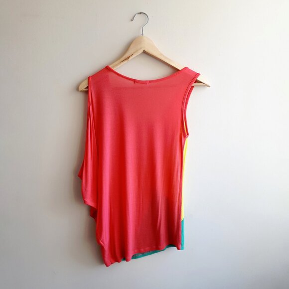 TEA N ROSE Asymmetrical Sleeveless Tank Top Colorblock Coral Orange Yellow Green - Picture 3 of 14